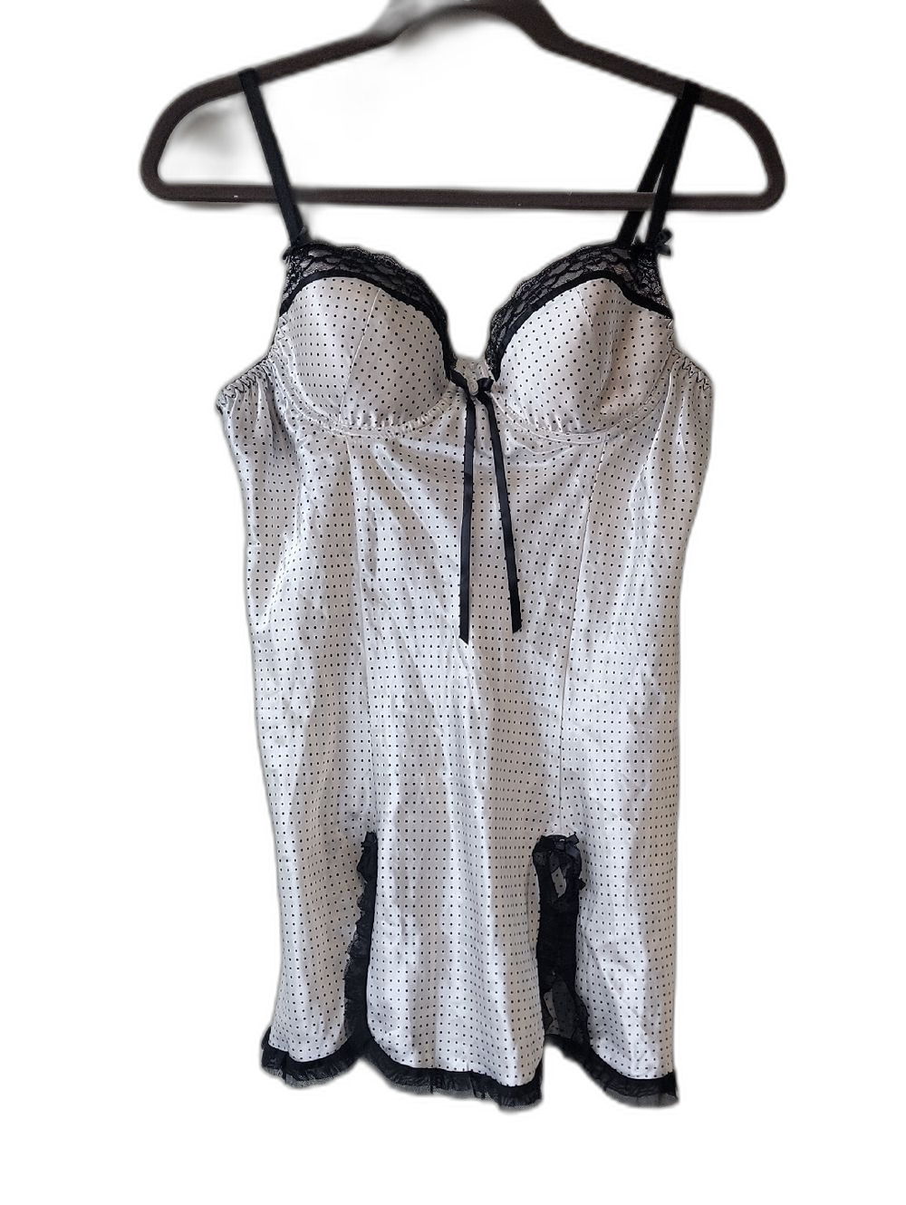 Linea Donatella Polka Dot Satin Slip White Black Lace Size M Retro